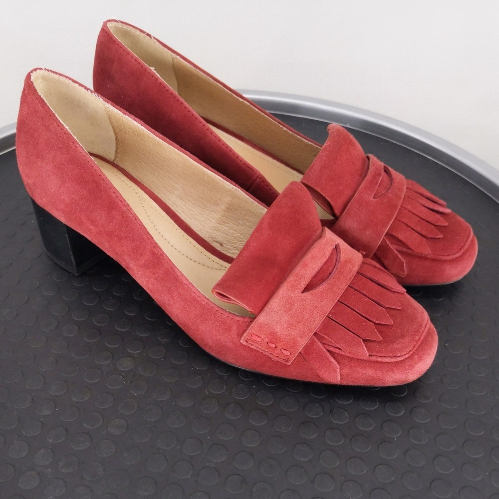 J. Jill Juliette Kiltie Pump Women 6.5 Red‎ Suede Block Heel Loafer Fringe Shoes